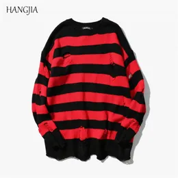 Black Red Striped Sweaters Washed Destroyed Ripped Sweater Men Hole Knit Jumpers Men Women Oversized Sweater Harajuku 211008
