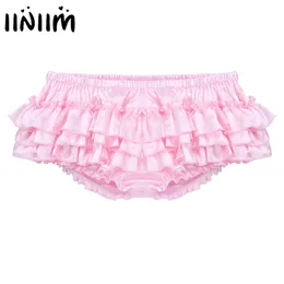 Sissy Skirted Gay Panties for Mens Lingerie Night Shiny Satin Ruffled Bloomer Tiered Sexy Briefs Bikini Underwear Underpants 210730