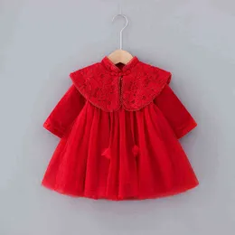 Vinter Baby Girl's Sweet Lace Långärmad Cappa A- Line Dress Warm Red New Year Fairy Princess Dress Kids Baby Girl Cloths G1129