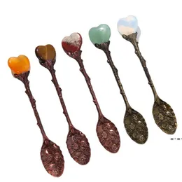 Natural Heart Shaped Crystal Stone Spoon DIY Gem Household Long Handle Coffee Spoon Kitchen Tool RRF13052