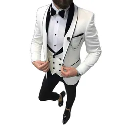 White and Black Grom Tuxedo for Wedding Slim Fit White and Black Formal Men Suits with Double Breasted Waistcoat Pants Fashion X0909