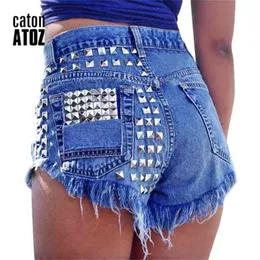 catonATOZ 1993 Women's Fashion Brand Vintage Tassel Rivet Ripped High Waisted Short Jeans Punk Sexy Woman Denim Shorts 210722