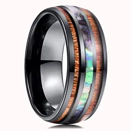 Bröllopsringar mode 8mm svart volfram karbid hawaiian koa trä och abalone shell opal inlay ring band mäns smycken
