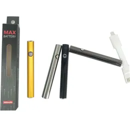 Orijinal Max Vape Pil 510 Konu Vapes Kalem Kartuşu Piller 380mAh Ön ısıtma Ayarlanabilir Gerilim E Sigara Buharlaştırıcı Kalemler USB Şarj