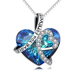 Elegant Love Heart Sapphire Necklace I Loves you forever Austrian Crystal Pendent Necklace for Women Girlfriend Bride Wedding Jewelry Valentine's Day Gift