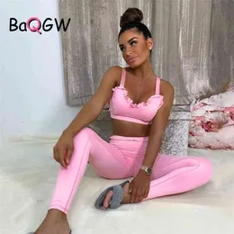 BaQGW Workout Clothes Sport Leggings and Crop Top Two Piece Set Yoga Outfits for Women Ruffles Sportswear Active Wear Gym Sets 210813