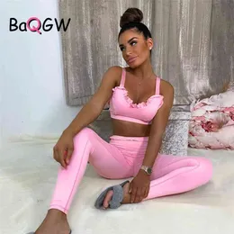 Baqgw Workout Kläder Sport Leggings och Crop Top Two Piece Set Yoga Outfits för Kvinnor Ruffles Sportkläder Aktivt Wear Gym Ställer 210813