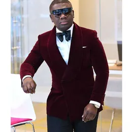 Double Breasted Burgundy Velvet Men Suits for Prom Stage 2 piece Wedding Tuxedo for Groomsmen Slim fit African Man Fashion Coat X0909