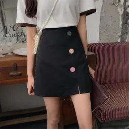 تنانير أنثوية فتحة A-Line Mini Women Women Summer Style Buttons عالية الخصر حزمة الورك تنورة أسود أبيض قصير