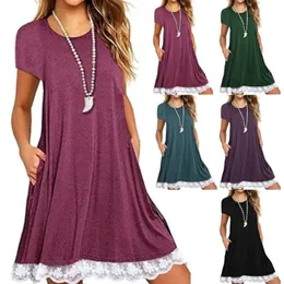 Cofekate Woman Dress Casual Womens Robe Ladies Lace Short Sleeve Solid Color T Shirt Dress 2021 Summer Women Dress Y1006