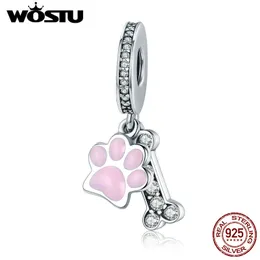 WOSTU New Collection 925 Sterling Silver Animal Dog Footprint & Dog Bone Pendant Charm fit Beads Bracelet DIY Jewelry CQC452 Q0531