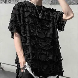 Hip Hop Ripped Hole Tshirt Men Youth Loose Casual Transparent Tee Shirt Homme See Through Nightclub Party Perform Streetwear 2XL 210716