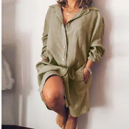 2020 осень ошеломляет шеи длинные рубашки платье женщины с длинным рукавом сплошной свободную кнопку карманный сарафрандресс рабочие повседневные платья Vestido негабаритных y0118