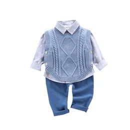 LZH 2021秋のカジュアルなキッズスーツの子供たちのスーツのコットンの男の子長袖のシャツのセーターベストズボン3ピースベビー服0-4歳210226