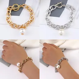 Link, Chain Punk Vintage Bracelets & Bangles For Women Girls Simple Pearl Pendant Bracelrt Big Link Fashion Jewelry Accessories