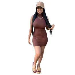 Kvinnor Mini Klänning Ärmlös Kort Kjolar Bodycon Klänningar Sexig Sommarkläder Brun Miniskirt Skinny Förpackade Höftskjorter 5448