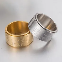 Cluster Rings Men Spinner Ring 12mm Vintage chiński Sutra serca grawerowany buddyjski na złoty kolor srebrny tytanowa stalowa biżuteria na palce