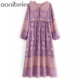 Böhmen Lacing Up Collar Lavendel Blommigryck Etnisk Kvinna Drop Hit Färg Långärmad Urban Maxi Holiday Dresses 210604