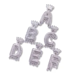 Cool Rap Singer Style CZ Micro Pave Initial Letter Crown Pendant Rope Chain Halsband