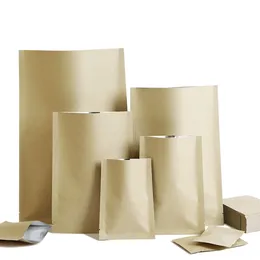 100st Open Top Kraft Paper Mylar Folie Bag Värme Tätning Tear Notch Mat Kvalitet Förpackningspåsar För Mark Kaffe Snack Te Candy