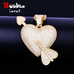 Heart Arrow Pendant Necklace Gold Color AAA Cubic Zircon Men's Hip Hop Rock Jewelry X0707