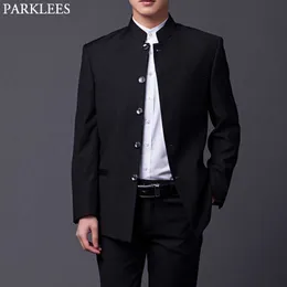 Mäns Classic Mandarin Collar Black Suit Slim Fit Groomsmen Formell Business Bröllop Tuxedo 2 PieceJacket + Pantcostume Homme 4XL X0909