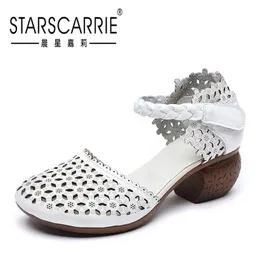 2021 summer retro national style sandals medium thick heel soft sole hollow single shoes middle aged and old women's shoes