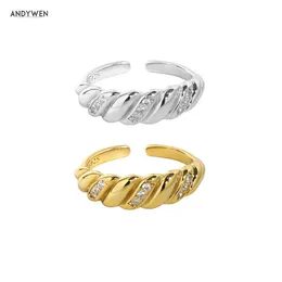 ANDYWEN 925 Sterling Silber Gold Klar Zirkon Twist Resizable Unregelmäßige Geometrische Ringe Frauen Rock Punk Luxus Schmuck 210608