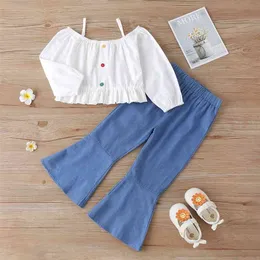 Zima Dzieci Zestawy Z Długim Rękawem Pojedyncze Breaste White T-Shirt Blue Flare Spodnie Cute 2 sztuk Dziewczyny Chłopcy Odzież 18m-6t 210629