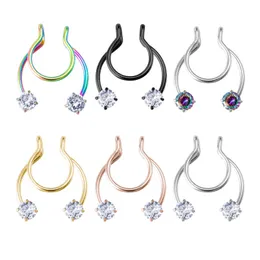 Zircon Fake Nose Ring Septum Piercing Lip Rings Set Hoop Stud Rostfritt Stål Clip Punk Body Smycken För Kvinnor