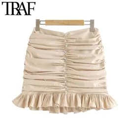 TRAF Mulheres Chic Moda Appliques Ruffled Pleated Mini Saia Vintage Cintura alta Voltar Zipper Feminino Saias Mujer 210310