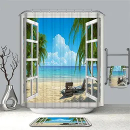 Shower Curtains Window Scenery Beach Coconut Trees Natural Forest Curtain Bathroom Waterproof And Mildew Proof With Hook