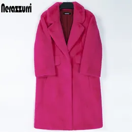 ネラズール冬の長いピンクの毛皮のコート女性の襟の暖かい厚い黒い柔らかいふわふわのジャケット緩いスタイリッシュな韓国のファッション210817