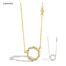 KIKICHICC 925 Sterling Silver Gold Circle Round Pendant Zircon Pave Long Chain Necklace Wedding Gift Fashion Jewelry For Women Q0531