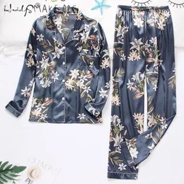 Mulheres Seda Cetim Pijamas Set Calças de Manga Longa Pijamas Button-Down Impressão Sleadwear Loungewear Set Pajamas Mujer 210305