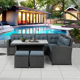 Topmax 6-bitars uteplats möbler utomhus sektions soffa med glasbord ottomaner för pool bakgård US Stock A43 A02