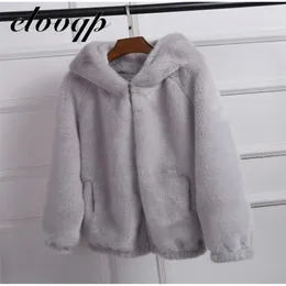 women Autumn Winter Faux Fur Coat With Hood Female Fashion Casual Loose Artificial Fur Jacket Fake Rabbit Fur Outwear 211110