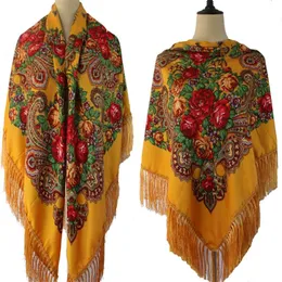 160 * 160cm kvinnor ryska sjal kvadrat filt halsduk damer fransade nationella halsdukar sjalar retro blommönster headscarf wraps 220106