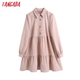 Tangada Women Vintage Solid Pink Corduroy Shirt Dress Donna Spring Fashion Casual Chic corto Vestido BE185 210609