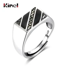 Kinel Real Pure Mens Ring Argento 925 Natural Black Zircon Smalto Gioielli Vintage Punk Hiphop Rock Sterling Anelli 211217