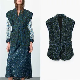 ZA est Autumn Print Parkas Vest With Belt Floral Down Cotton Waistcoat Women Sleeveless Winter Jacket Outwear 211011