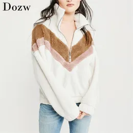 Kadınlar Için Sıcak Hoodies Sonbahar Kış Patchwork Fermuar Uzun Kollu Polar Kazak Rahat Gevşek Teddy Tişörtü Sudaderas Mujer 210515