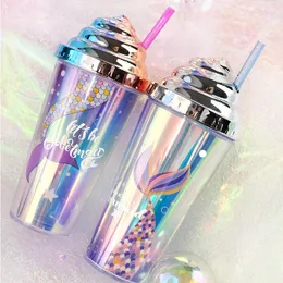 420 ml Acrylic Skinny Tumblers Matte färger Dubbelvägg Tumbler Kaffe Drickande Plast Sippy Cup med lock Straws Mermaid Mugg Julklapp