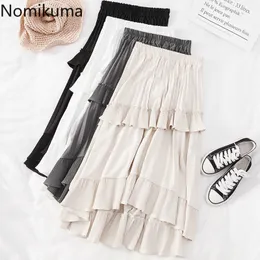 Nomikuma Arrivo Stretch Gonna a vita alta Donna Ruffle Patchwork Una linea Gonne a metà polpaccio Coreano Allentato Faldas Mujer 3e006 210514