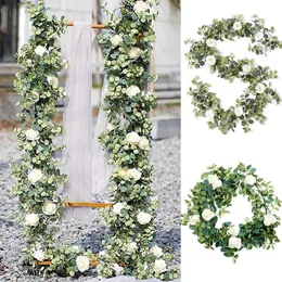 Decorative Flowers Wreaths Fake Flower Eucalyptus Garland With Camellias Artificial Silk Rose Vine Decor Hanging Faux Leave Floral For Wed