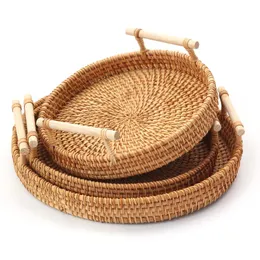 Dishes & Plates Round Shape Hand-woven Basket Rattan Candy Storage Picnic Tray Bread Eco-friendly Kitchen Tools