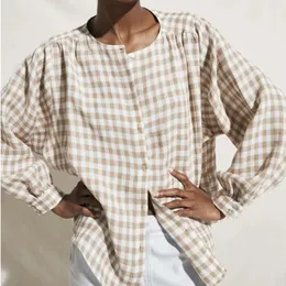 Damskie Bluzki Koszule Wyszedł Bluzka Kobiety Anglia Indie Folk Vintage Plaid Oversize Casual Blusas Mujer de Moda 2021 Koszula i wierzchołki