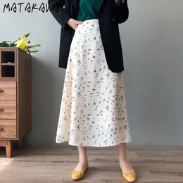 Spódnice Matakawa Summer Floral Womens 2021 Koreański Styl Wysoki talia Spódnica Loose Faldas Mid Długość A-Line
