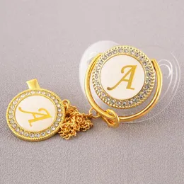 Pacifiers # 26 Initial Letter Transparent Baby Pacifier med kedjeklipp född BPA Gratis Luxury Bling Dummy Soother Chupeta 0-12 månader