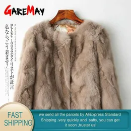 Jacket Fur GareMay real Coelho para Short real Coelho casaco quente Feminino de Mulheres Long Sleeve Plus Size Overcoat Mulheres Plush Coats Y0829